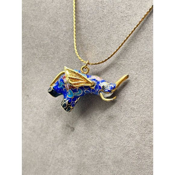 Vintage Cloisonne Elephant Necklace Dimensional Blue Enamel and Gold Tone Chain - Picture 4 of 8
